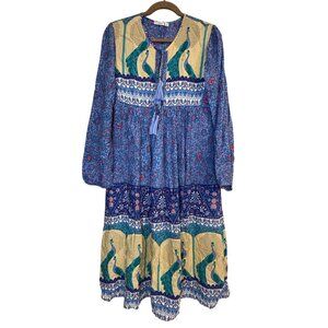 Bohemian Style Peacock Print Midi Dress By R. Vivimos XS 0/2 Long Sleeve Tassel